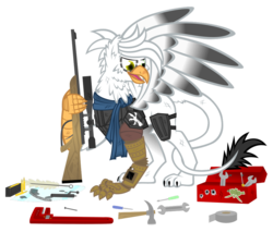 Size: 968x825 | Tagged: safe, artist:bigrodeo, oc, oc only, cyborg, griffon, fallout equestria, amputee, cartridge, female, griffon oc, gun, hammer, open mouth, optical sight, prosthetic limb, prosthetics, quadrupedal, rifle, screwdriver, simple background, sniper rifle, solo, spread wings, talon merc, tape, toolbox, tools, transparent background, weapon, wings, wrench, zoomorphic