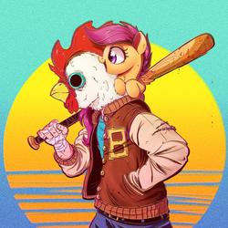 Size: 1200x1202 | Tagged: safe, artist:ncmares, scootaloo, bird, chicken, human, pegasus, pony, g4, abstract background, baseball bat, blood, chest fluff, chicken mask, clothes, crossover, duo, ear fluff, female, filly, fluffy, hotline miami, jacket, leg fluff, mask, meme, neck fluff, open mouth, scootachicken, smiling, varsity jacket, wat