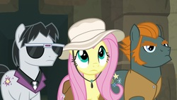 Size: 1920x1080 | Tagged: safe, screencap, fluttershy, rogue (g4), withers, earth pony, pegasus, pony, daring doubt, g4, female, hat, henchmen, male, mare, sideburns, stallion, sunglasses, trio