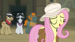 Size: 1920x1080 | Tagged: safe, screencap, biff, fluttershy, rogue (g4), withers, earth pony, pegasus, pony, daring doubt, g4, clothes, eyes closed, female, group, hat, henchmen, male, mare, quartet, saddle bag, stallion