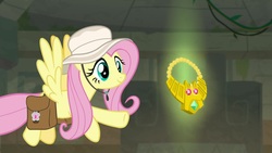 Size: 1920x1080 | Tagged: safe, screencap, fluttershy, pony, daring doubt, g4, female, hat, mare, saddle bag, solo, truth talisman