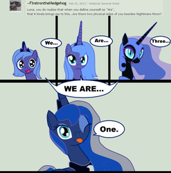 Size: 1717x1739 | Tagged: safe, artist:ardonsword, nightmare moon, princess luna, alicorn, pony, g4, ask, cute, female, filly, lunar trinity, mare, multeity, one eye closed, s1 luna, three in one, tongue out, tumblr, wink, woona, younger
