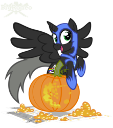 Size: 840x952 | Tagged: safe, artist:bigrodeo, nightmare moon, oc, oc:quantum flash, alicorn, pony, g4, clothes, costume, female, halloween, holiday, jack-o-lantern, pumpkin, solo