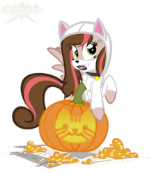 Size: 840x952 | Tagged: safe, artist:bigrodeo, oc, cat, pegasus, pony, clothes, collar, costume, halloween, holiday, hoodie, jack-o-lantern, mask, pumpkin, solo