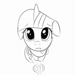Size: 1000x1000 | Tagged: safe, artist:yinglung, twilight sparkle, pony, g4, animated, black and white, broken, eye shimmer, female, floppy ears, gif, grayscale, guilty, looking at you, looking up at you, mare, monochrome, perspective, plate, solo, wavy mouth