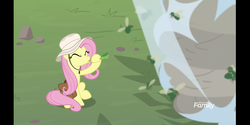 Size: 2160x1080 | Tagged: safe, screencap, fluttershy, fly-der, pegasus, pony, daring doubt, g4, bamboo flute, blowing, blowing flute, female, flute, fly-der charming flute, fly-der web, mare, musical instrument, pun, saddle bag, safari hat, solo, visual pun