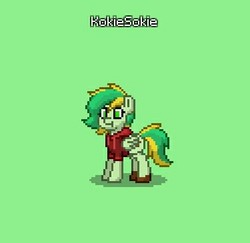 Size: 375x365 | Tagged: safe, oc, oc only, pegasus, pony, pony town, 8-bit, clothes, green background, hoodie, pixel art, shoes, simple background, solo, text