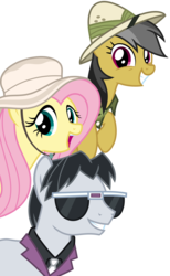 Size: 2775x4500 | Tagged: safe, artist:sketchmcreations, daring do, fluttershy, withers, earth pony, pegasus, pony, daring doubt, g4, cute, daring dorable, female, hat, henchmen, male, mare, open mouth, shyabetes, simple background, smiling, stallion, transparent background, trio, vector