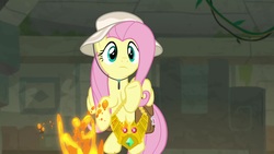 Size: 1920x1080 | Tagged: safe, screencap, fluttershy, pony, daring doubt, g4, female, hat, lava, mare, solo, truth talisman