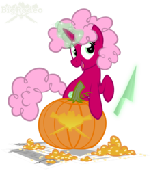 Size: 840x952 | Tagged: safe, artist:bigrodeo, oc, oc only, oc:polygon, pony, unicorn, afro, conjuring, curly hair, fluffy, halloween, holiday, jack-o-lantern, knife, magic, pumpkin, solo