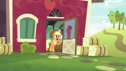 Size: 1920x1080 | Tagged: safe, screencap, applejack, earth pony, pony, g4, going to seed, female, freckles, hay bale, mare, open mouth, raised hoof, solo