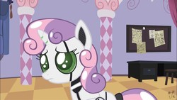 Size: 1280x720 | Tagged: safe, artist:facelessjr, sweetie belle, pony, robot, robot pony, unicorn, friendship is witchcraft, g4, drawer, female, filly, sad, solo, sweetie bot, table