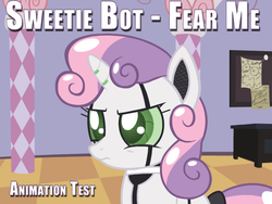 Size: 626x471 | Tagged: safe, artist:facelessjr, sweetie belle, pony, robot, robot pony, unicorn, friendship is witchcraft, g4, animated at source, animation test, cute, diasweetes, drawer, female, filly, solo, sweetie bot, table, youtube link