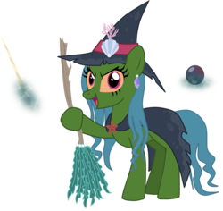 Size: 1974x1862 | Tagged: safe, artist:shadymeadow, oc, oc only, oc:marine curse, earth pony, pony, broom, cloak, clothes, female, hat, jaundice, mare, oc villain, simple background, solo, transparent background, witch hat
