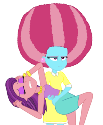 Size: 3424x4163 | Tagged: safe, artist:doraair, edit, editor:ktd1993, cup cake, spoiled rich, equestria girls, g4, afro, equestria girls-ified, female, glasses off, holding, infidelity, lesbian, ship:spoiledcake, shipping, unamused