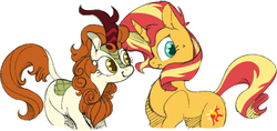 Size: 923x434 | Tagged: safe, artist:ogaraorcynder, autumn blaze, sunset shimmer, kirin, pony, unicorn, g4, autumnshimmer, awwtumn blaze, crack shipping, cute, female, happy, lesbian, mare, shimmerbetes, shipping, simple background, smiling