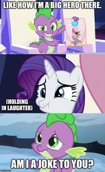 Size: 500x819 | Tagged: safe, edit, edited screencap, screencap, rarity, spike, dragon, pony, unicorn, g4, the crystalling, the times they are a changeling, am i a joke to you?, chuckle, duo, duo male and female, female, funny, giggling, go to sleep garble, male, meme, poor spike, sad, shitposting, smiling, smirk, smug, spikeposting