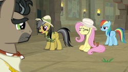 Size: 1920x1080 | Tagged: safe, screencap, daring do, doctor caballeron, fluttershy, rainbow dash, earth pony, pegasus, pony, daring doubt, g4, eyes closed, female, hat, male, mare, stallion