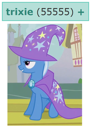 Size: 416x582 | Tagged: safe, trixie, pony, unicorn, derpibooru, g4, female, mare, meta, tags