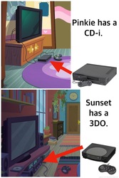 Size: 1044x1566 | Tagged: safe, equestria girls, fashion photo booth, g4, 3do, arrow, cd-i, implied pinkie pie, implied sunset shimmer, no pony, observation, pinkie's room, room, sunset's room, television, text, video game
