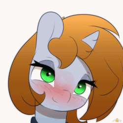Size: 1101x1101 | Tagged: safe, artist:n0nnny, oc, oc only, oc:littlepip, pony, unicorn, fallout equestria, accurate description, animated, awww, bedroom eyes, blushing, bust, clothes, commission, cute, daaaaaaaaaaaw, eye clipping through hair, fanfic, fanfic art, female, frame by frame, gif, heart, horn, jumpsuit, kissing, kissing the screen, looking at you, mare, ocbetes, pipabetes, portrait, simple background, solo, vault suit, white background
