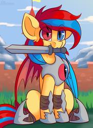 Size: 1300x1800 | Tagged: safe, artist:shadowreindeer, oc, oc only, oc:starflame blood, pony, commission, eye clipping through hair, heterochromia, mouth hold, sitting, solo, sword, weapon, ych result