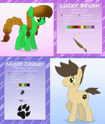 Size: 1989x2346 | Tagged: safe, artist:dyonys, oc, oc:lucky brush, oc:night chaser, braid, clothes, color palette, cutie mark, jacket, jewelry, knife, luckychaser, raised hoof, reference sheet, scar, smiling, standing, text