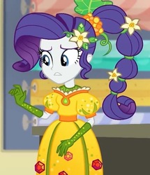 Size: 619x720 | Tagged: safe, screencap, rarity, equestria girls, equestria girls series, g4, holidays unwrapped, o come all ye squashful, spoiler:eqg series (season 2), clothes, cornucopia costumes, costume, cropped, dress, female, inflatable dress, puffy sleeves, solo