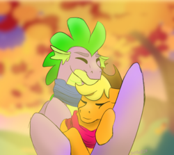 Size: 2992x2672 | Tagged: safe, artist:bella-pink-savage, applejack, spike, dragon, pony, g4, autumn, cheek squish, clothes, cuddling, cute, eyes closed, female, high res, hug, male, older, older spike, scarf, ship:applespike, shipping, smiling, squishy cheeks, straight, winged spike, winghug, wings