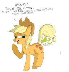 Size: 1966x2048 | Tagged: safe, artist:postnoxious, applejack, oc, oc:anon, earth pony, pony, g4, accident, dialogue, fart, fart fetish, fart noise, female, fetish, mare, onomatopoeia, solo, sound effects