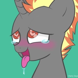 Size: 513x513 | Tagged: safe, artist:cherry days, oc, oc only, pony, unicorn, ahegao, black coat, blushing, commission, crying, cute, drool, heart eyes, icon, male, open mouth, orange mane, sexy, simple background, solo, stallion, tears of pleasure, tongue out, unicorn oc, wingding eyes, ych result, yellow mane