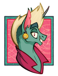 Size: 500x650 | Tagged: safe, artist:lagtim3, oc, oc only, oc:lagtime, pony, unicorn, abstract background, blonde, blonde hair, blonde mane, blue coat, bust, cyan coat, ear piercing, earring, icon, jewelry, mohawk, piercing, pink eyes, ponysona, punk, smiling, smiling at you, solo