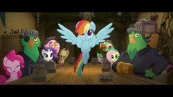 Size: 1920x1080 | Tagged: safe, screencap, applejack, boyle, captain celaeno, fluttershy, lix spittle, mullet (g4), pinkie pie, rainbow dash, rarity, spike, squabble, earth pony, parrot pirates, pegasus, pony, unicorn, anthro, g4, my little pony: the movie, animated, anthro with ponies, clothes, eyes closed, female, flying, hat, male, mare, no sound, pirate, webm, youtube link