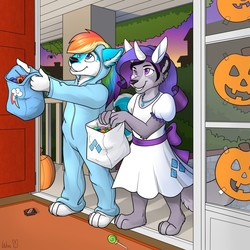 Size: 1280x1280 | Tagged: safe, artist:fa wen, rainbow dash, rarity, oc, anthro, g4, candy, clothes, costume, crossdressing, cute, food, furry, halloween, halloween costume, holiday, male, non-mlp oc, onesie, smiling, trick or treat