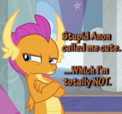 Size: 356x333 | Tagged: safe, edit, edited screencap, screencap, smolder, dragon, g4, school daze, angry, animated, blatant lies, cropped, crossed arms, cute, denial's not just a river in egypt, dragoness, female, gif, i'm not cute, implied anon, meme, not helping your case, orange text, pouting, smolderbetes, smoldere, solo, sulking, teenaged dragon, teenager, text, tsundere