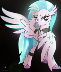 Size: 2630x3069 | Tagged: safe, artist:zidanemina, silverstream, classical hippogriff, hippogriff, g4, alternate clothes, armlet, black background, clothes, ear piercing, earring, female, gradient background, high res, jacket, jewelry, metal, piercing, solo