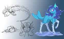 Size: 2173x1333 | Tagged: safe, alternate version, artist:sirzi, oc, oc only, deer, elemental, original species, vitrung, water elemental, bubble, doe, dolphin tail, female, fins, fish tail, glowing eyes, gradient background, ice, magic, puddle, sketch, sketch dump, smiling, solo, splash, water, water mane, white eyes