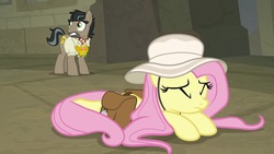 Size: 1920x1080 | Tagged: safe, screencap, doctor caballeron, fluttershy, earth pony, pegasus, pony, daring doubt, g4, adorable distress, cute, eyes closed, female, frown, hat, male, mare, prone, saddle bag, shyabetes, stallion, truth talisman