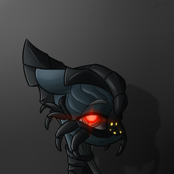 Size: 2000x2000 | Tagged: safe, artist:shido-tara, oc, oc only, android, pony, bust, crossover, darkness, glowing eyes, gray background, high res, mass effect, ponified, portrait, reapers, red eyes, simple background, solo, watching in camera