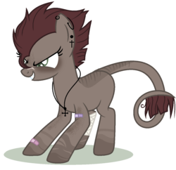 Size: 1131x1094 | Tagged: safe, artist:elementbases, artist:rukemon, oc, oc only, oc:dirty clover, earth pony, pony, bandage, bandaid, base used, commission, cross, ear piercing, earring, female, grin, jewelry, leonine tail, mare, necklace, piercing, scar, smiling, solo