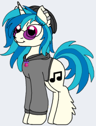 Size: 668x876 | Tagged: safe, artist:rosefang16, dj pon-3, vinyl scratch, pony, unicorn, astralverse, g4, alternate hairstyle, beanie, blue background, clothes, ear piercing, earring, female, gem, hat, hoodie, jewelry, lip piercing, mare, necklace, piercing, simple background, solo, sunglasses