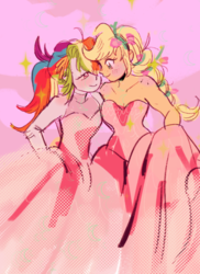 Size: 500x688 | Tagged: safe, artist:nounoo, applejack, rainbow dash, human, equestria girls, g4, alternate hairstyle, blushing, clothes, dress, female, flower, flower in hair, lesbian, looking at each other, pony coloring, ship:appledash, shipping, smiling, sparkles, wedding dress