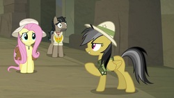 Size: 1920x1080 | Tagged: safe, screencap, daring do, doctor caballeron, fluttershy, earth pony, pegasus, pony, daring doubt, g4, female, hat, male, mare, stallion, trio, truth talisman