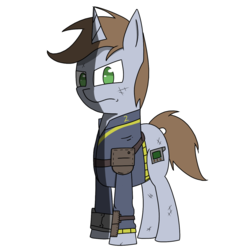 Size: 1412x1413 | Tagged: safe, artist:wuzntme808, oc, oc only, oc:littlepip, pony, unicorn, fallout equestria, clothes, fallout, fanfic, fanfic art, female, hooves, horn, jumpsuit, mare, pipbuck, simple background, solo, standing, vault suit, white background
