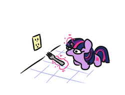 Size: 710x542 | Tagged: safe, artist:jargon scott, twilight sparkle, pony, unicorn, g4, electrical outlet, female, fork, levitation, magic, mare, nema receptacle, science, simple background, solo, squatpony, telekinesis, this will end in electrocution, this will not end in death, too dumb to die, twiggie, unicorn twilight, white background