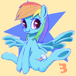 Size: 800x800 | Tagged: safe, artist:purazuma0810, rainbow dash, pegasus, pony, g4, abstract background, cute, dashabetes, female, mare, pixiv, sitting, solo, spread wings, stars, wings