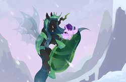 Size: 2048x1339 | Tagged: safe, artist:zlatavector, queen chrysalis, starlight glimmer, changeling, changeling queen, pony, unicorn, g4, the ending of the end, angry, cocoon, cocooning, duo, female, mare, profile, scene interpretation, snow, ultimate chrysalis