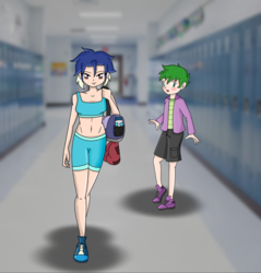 Size: 1359x1420 | Tagged: safe, artist:banquo0, princess ember, spike, human, g4, belly button, blushing, clothes, female, humanized, male, midriff, school, ship:emberspike, shipping, sports bra, straight, workout outfit