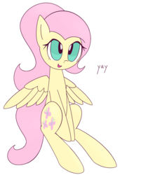 Size: 1578x1870 | Tagged: safe, artist:kemofoo, fluttershy, pegasus, pony, g4, alternate hairstyle, cute, female, mare, open mouth, pixiv, ponytail, shyabetes, simple background, sitting, solo, white background, yay