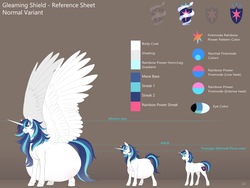 Size: 2048x1536 | Tagged: safe, artist:nsfwbonbon, shining armor, alicorn, pony, unicorn, g4, alicornified, alternate cutie mark, belly, big belly, color palette, fanfic art, gleaming shield, hyper, hyper pregnancy, impossibly large belly, large wings, pregarmor, pregnant, pregshield, prince shining armor, princess gleaming shield, race swap, reference sheet, rule 63, shiningcorn, size difference, spread wings, wings